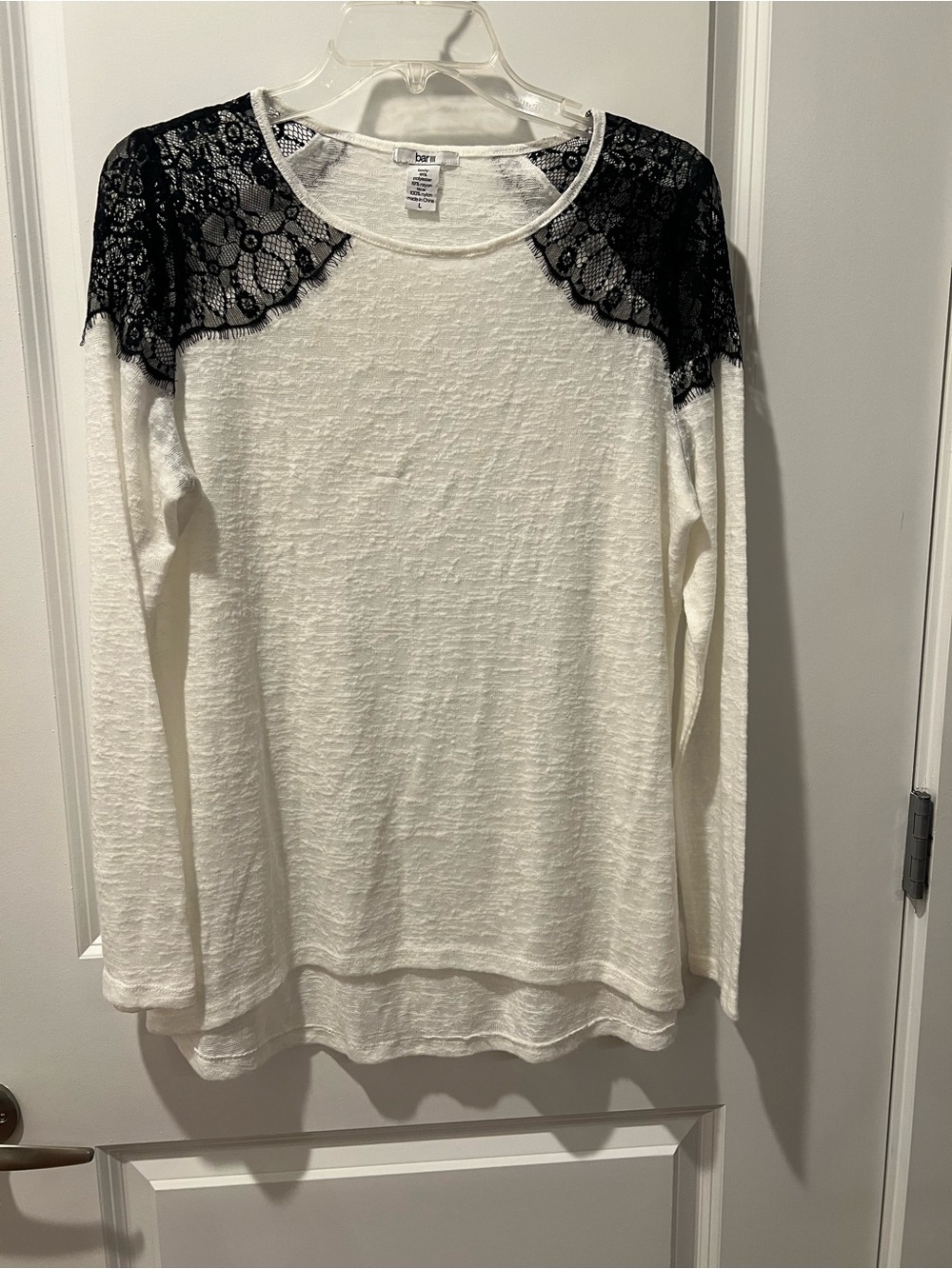 Bar III White Long Sleeve Top with Black Lace Shoulders